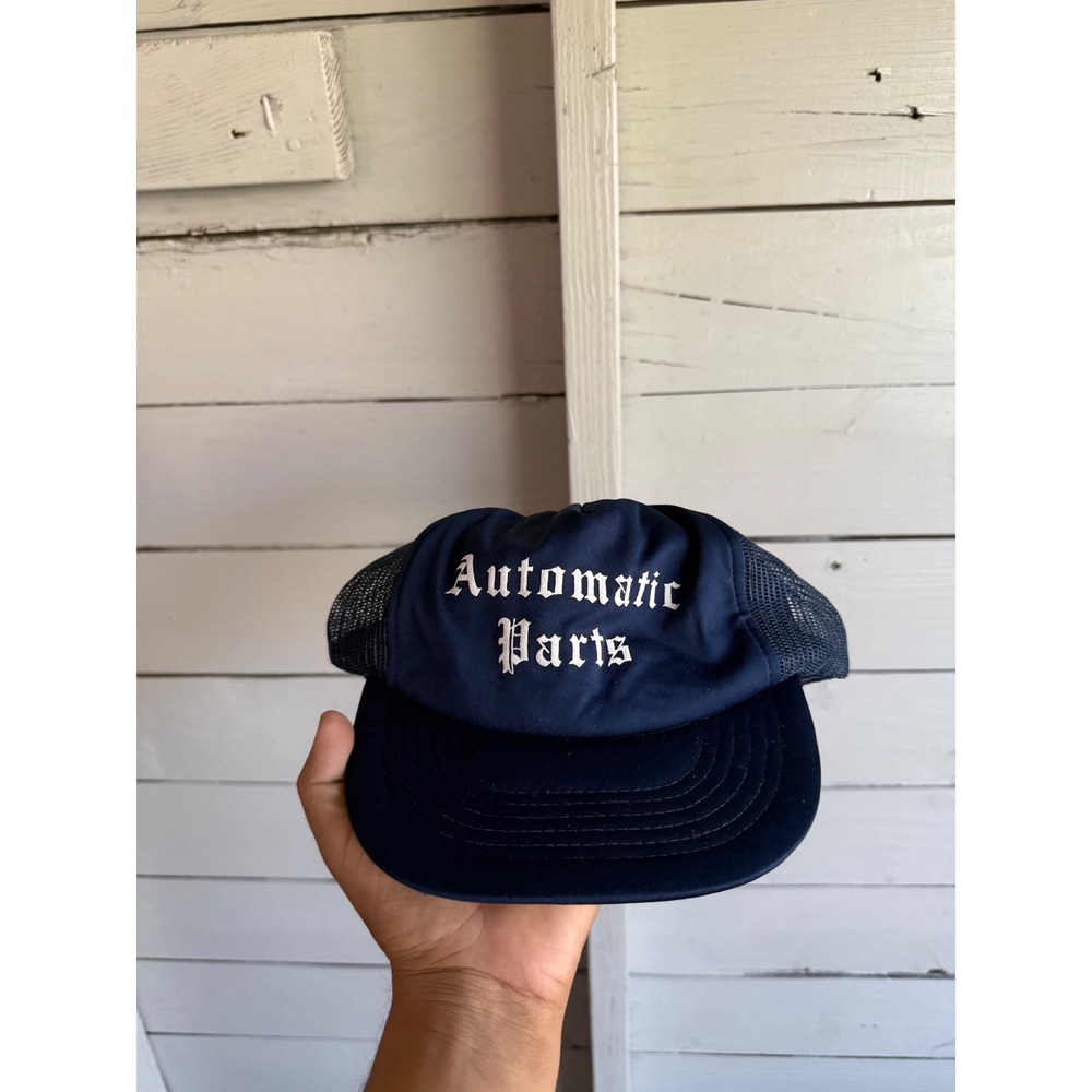 Vintage Automatic Parts Navy Blue Trucker Hat Mesh Snapback Gothic Font Cap